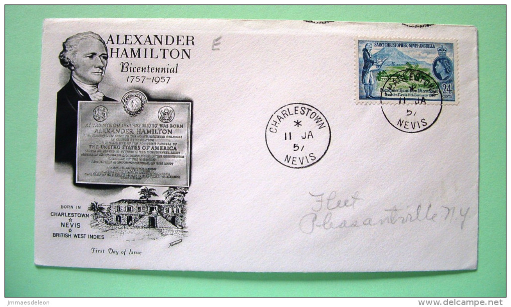 St. Christopher, Nevis & Anguilla 1957 FDC Cover To USA - Alexander Hamilton - St.Cristopher-Nevis & Anguilla (...-1980)