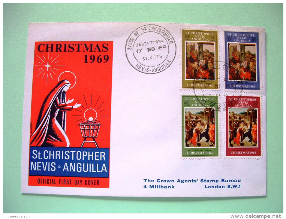 St. Christopher, Nevis & Anguilla 1969 FDC Cover To London - Christmas Paintings Adoration Of The Kings By Mostaert - San Cristóbal Y Nieves - Anguilla (...-1980)