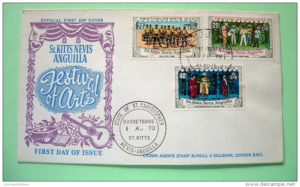 St. Christopher, Nevis & Anguilla 1970 FDC Cover To London - Festival Of Arts - Music Drums Guitar Theater - San Cristóbal Y Nieves - Anguilla (...-1980)