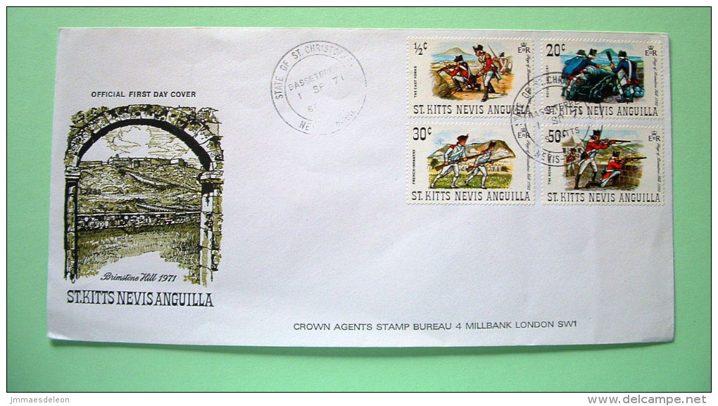St. Christopher, Nevis & Anguilla 1971 FDC Cover To London - Military Uniforms - Brimstone Hill (Scott 245/48 = 1.70 $) - St.Christopher, Nevis En Anguilla (...-1980)