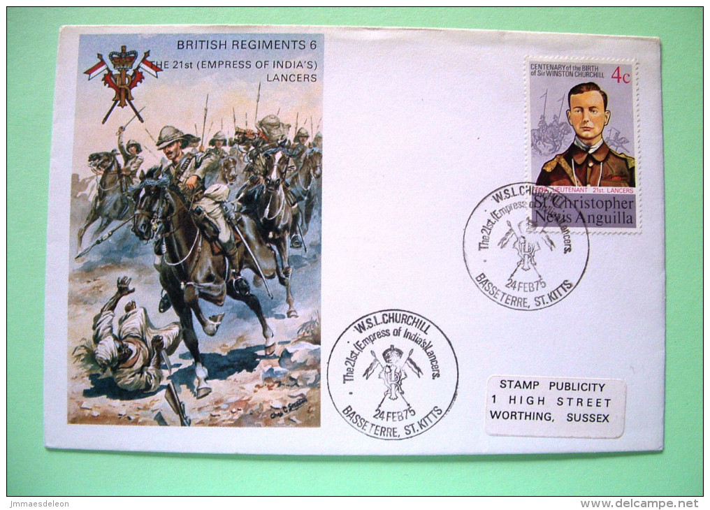 St. Christopher, Nevis & Anguilla 1975 Special Cancel On Cover To England - Churchill Uniform India Lancers - St.Christopher-Nevis-Anguilla (...-1980)