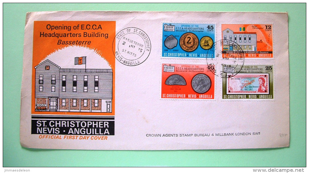 St. Christopher, Nevis & Anguilla 1975 FDC Cover To London - ECCA Currency Coins Banknote - St.Christopher-Nevis-Anguilla (...-1980)