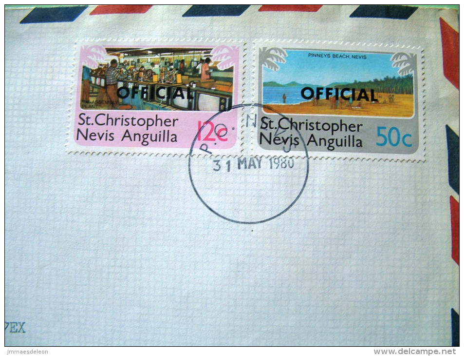 St. Christopher, Nevis & Anguilla 1980 Cover To England - TV Assembly Plant - Pinney's Beach (Scott O.1 + O.5) - St.Christopher, Nevis En Anguilla (...-1980)