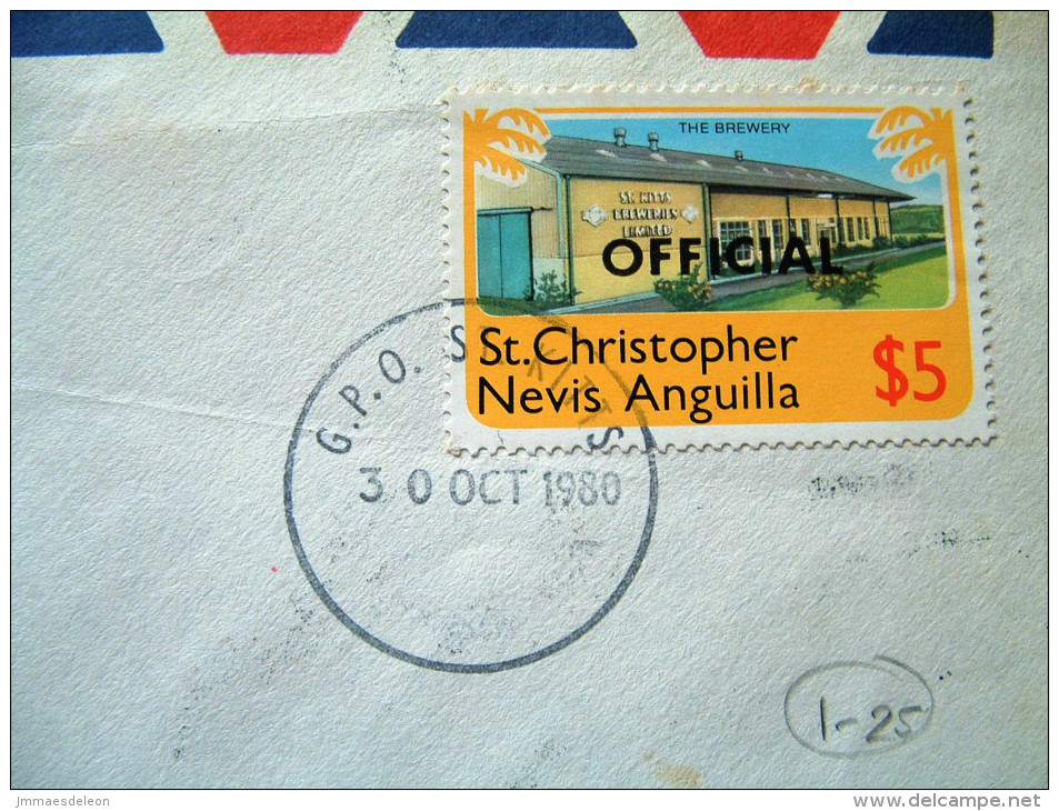 St. Christopher, Nevis & Anguilla 1980 Cover To England - Brewery - Official (Scott O.8 = 2.75 $) - St.Christopher-Nevis-Anguilla (...-1980)