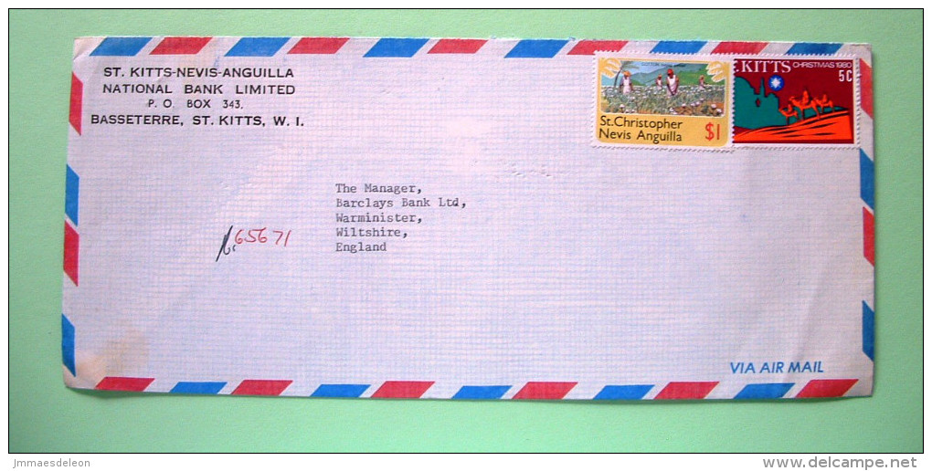 St. Christopher, Nevis & Anguilla 1980 Cover To England - Christmas - Cotton Picking - St.Christopher, Nevis En Anguilla (...-1980)
