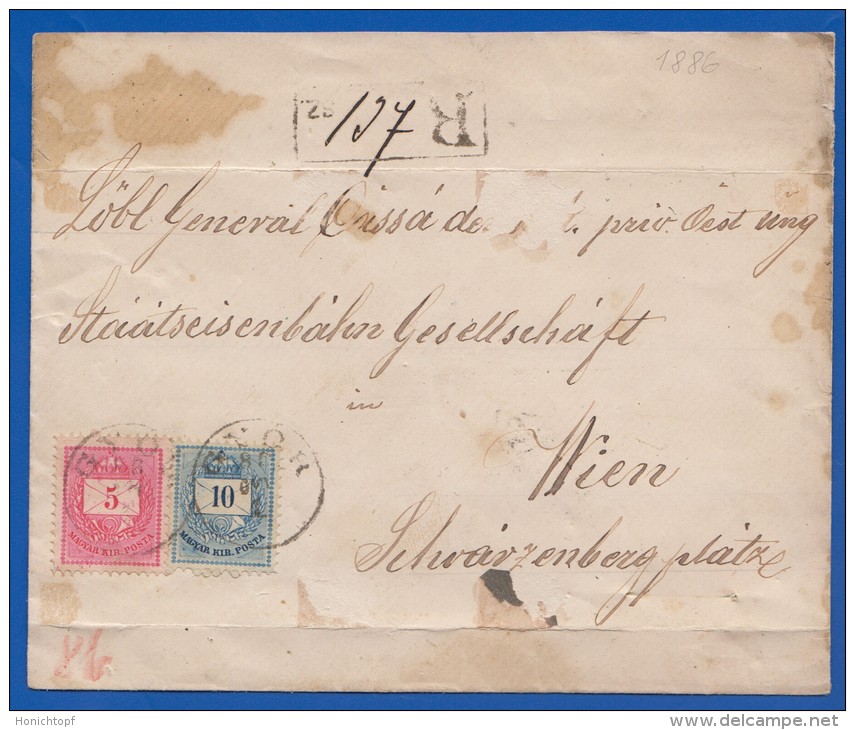 Ungarn; Briefstück Mit 5 + 10 Kr; 1886 Einschreiben; Recommande; Registered Von Gyor Nach Wien - Lettres & Documents