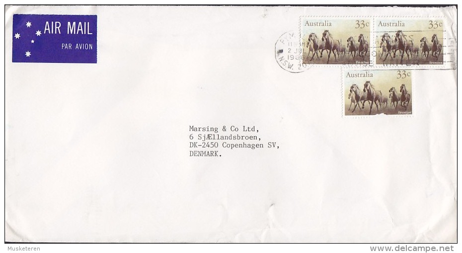 Australia Airmail Par Avion Label PYMBLE (NSW) 1986 Cover To Denmark 3x Horse Pferd Cheval Stamps - Covers & Documents