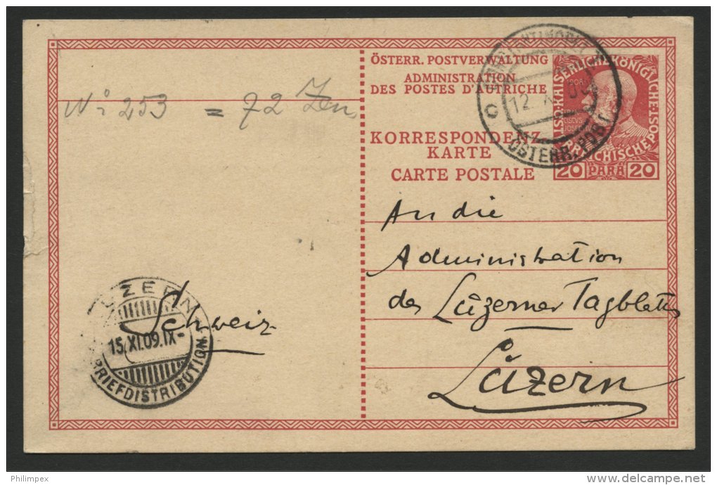 AUSTRIAN POST OFFICES IN TURKEY, 20 PARA STATIONERY CARD 1909 TO SWITZERLAND - Levante-Marken