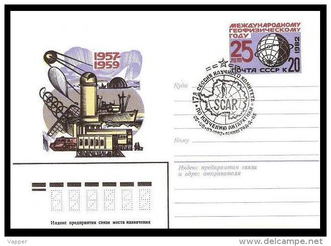 Antarctica Pinguin Space 1982 USSR Postmark SCAR On Stationary With Original Stamp 25th Anniv. Geophisical Year - Research Programs