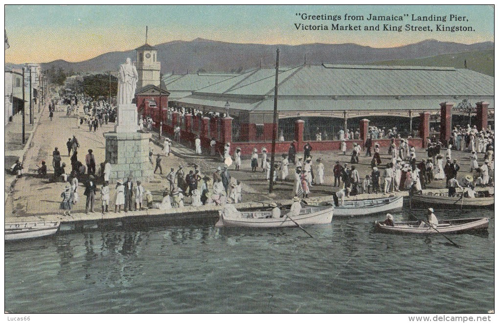 C1930 GREETING FROM JAMAICA - LANDING PIER - VICTORIA MARKET AND KING SREET KINGSTON - Autres & Non Classés