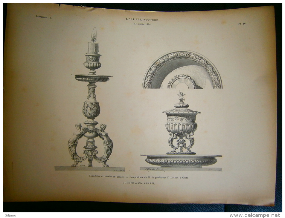 PLANCHE L ART ET L INDUSTRIE  CHANDELIER ET ENCRIER EN BRONZE  ANNEE 1882 - Andere Plannen