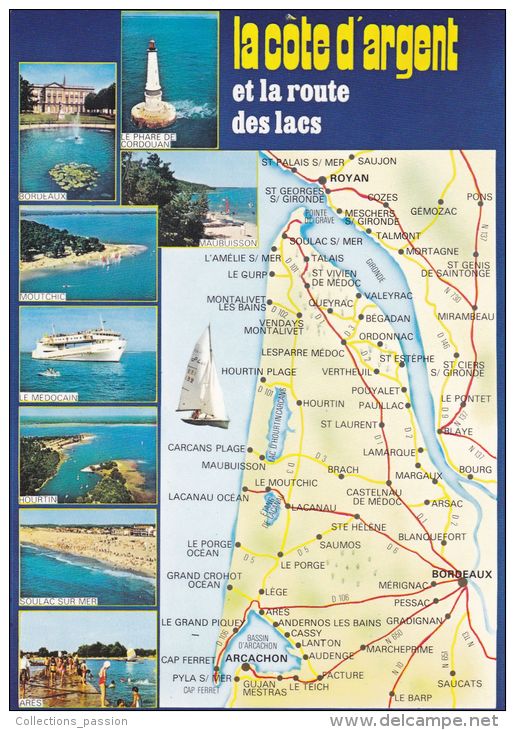 Cp , CARTE GÉOGRAPHIQUE , La Côte D´Argent Et La Route Des Lacs , Multi-Vues - Landkarten
