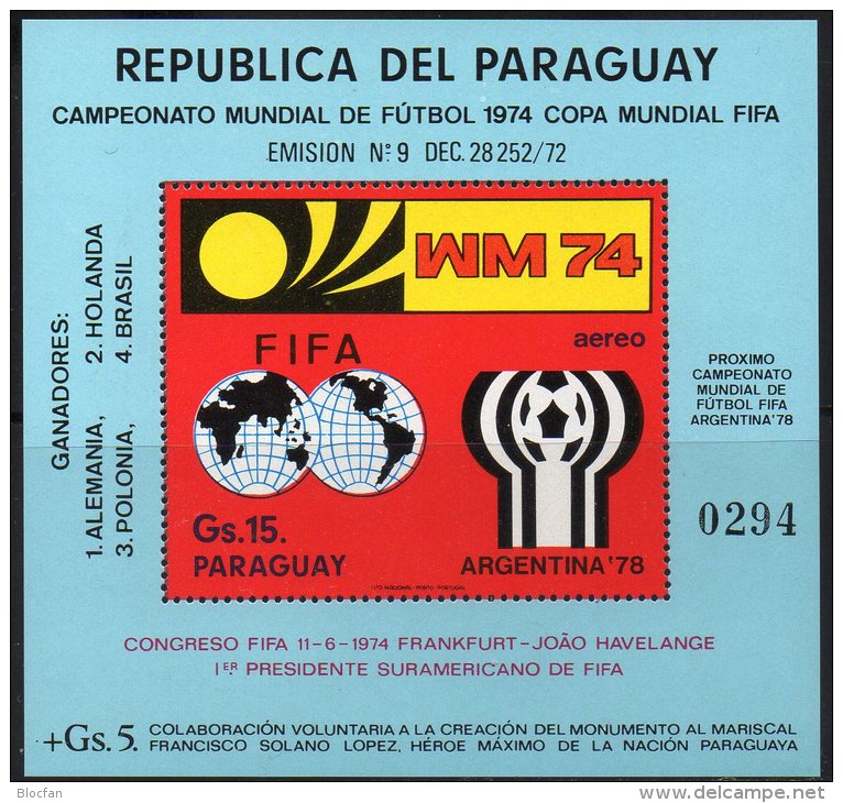 FIFA-Pokal WM 1974 Paraguay Block 234 ** 25€ Fußball-Tor Foglietto Hojita M/s Keeper Sport Bloc Soccer Sheet Bf America - Paraguay