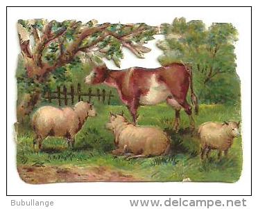 Découpis Gaufrés, Brillant, Scène Champêtre, Vache, Moutons, DIM 4cm X 3cm - Animals