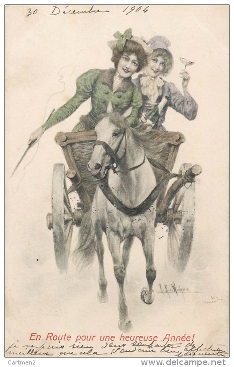 ILLUSTRATEUR WICHERA " EN ROUTE POUR UN HEUREUSE ANNEE " ATTELAGE CHAMPAGNE VIENNOISE M.M. VIENNE 1900 - Wichera