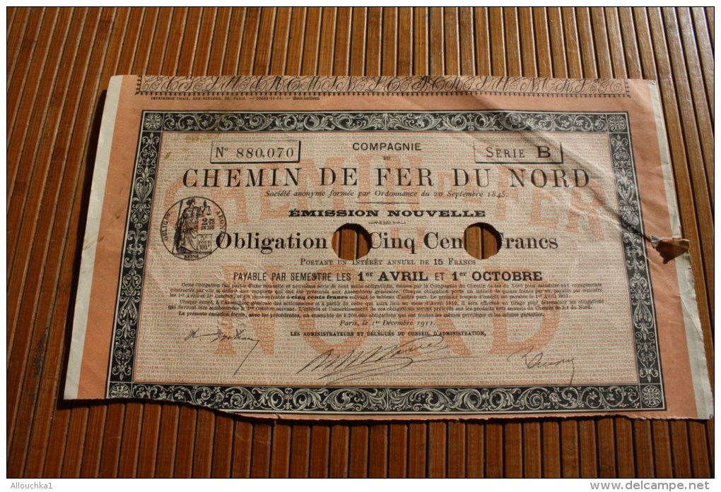 SNCF Compagnie Chemin De Fer Du Nord Emprunt 6 % Obligations 500 Fr. 1919 Titre Action Perforées Perforations - Chemin De Fer & Tramway