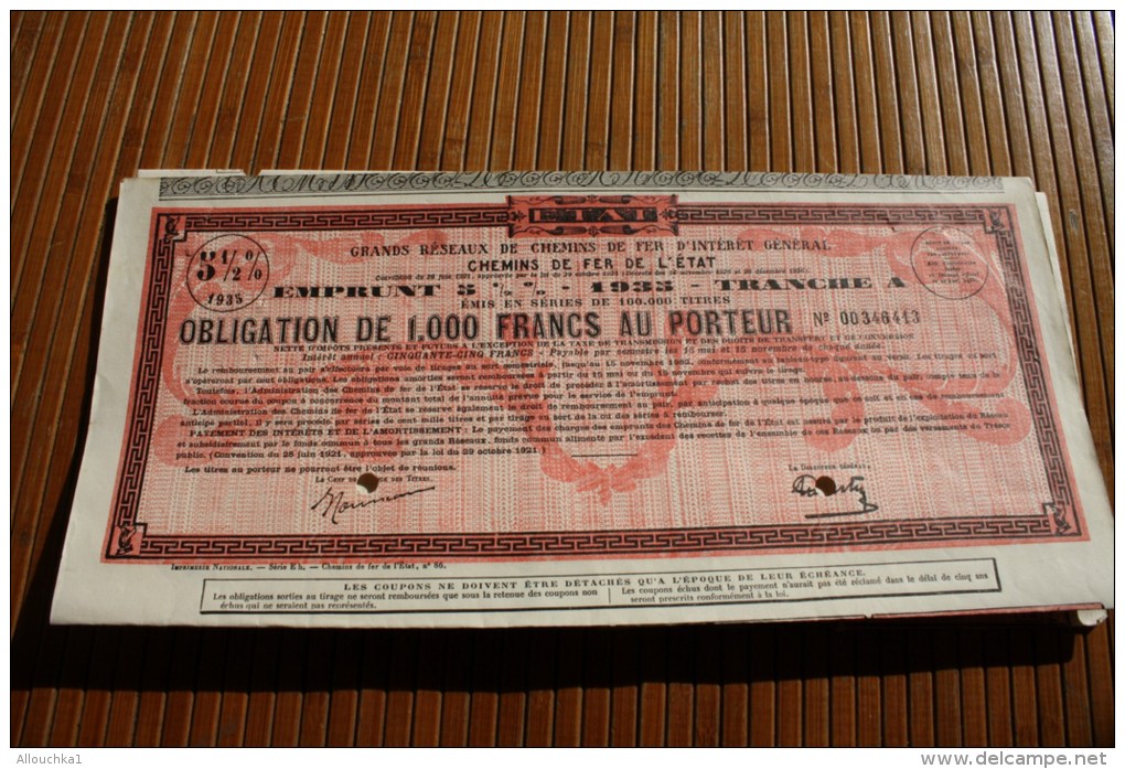 SNCF Compagnie Chemin De Fer De L'État Emprunt 5 % Obligation 1000 Fr. 1935 Tran A Titre Action Perforées Perforations - Railway & Tramway