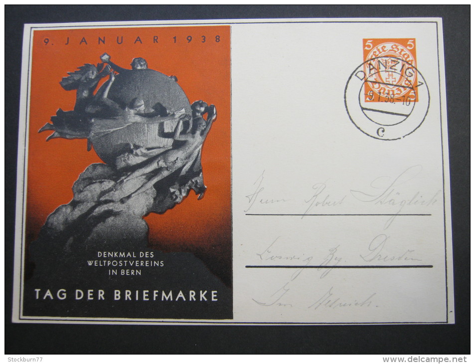 DANZIG, 1938, Tag Der Briefmarke , Privatganzsache, Rs. Klebespuren - Entiers Postaux