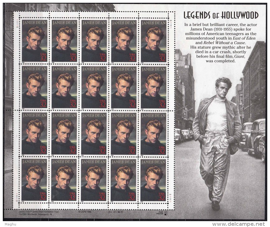 United States MNH 1996 Sheet. Legends Of Hollywood, Actor James Dean, Died In A Car Accident, Cinema Scene, - Feuilles Complètes