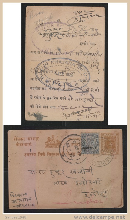 Holkar  Indore)  State  &amp;  India SERVICE  Postage Combination Post Card  # 50682 - Holkar
