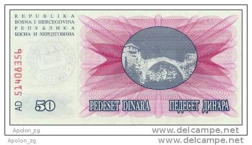 BOSNIA:  50 000 Dinara On 50 Dinara, 1993 UNC *P-55d * 16mm High Red Zeroes - 24.12.1993 - Bosnia And Herzegovina