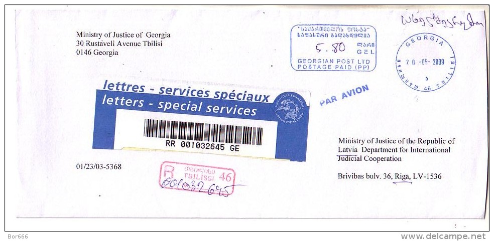 GOOD GEORGIA " REGISTERED " Postal Cover To LATVIA 2009 - Postage Paid - Georgia
