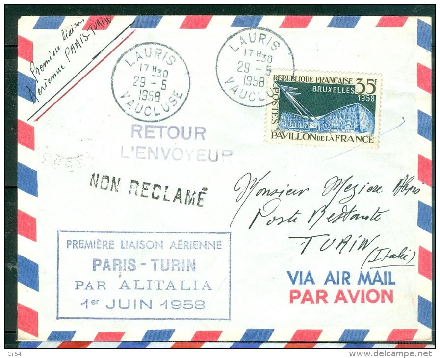 1ere Liaison Aérienne Paris - Turin Par Alitalia 1/06/1958 - Ad22905 - 1927-1959 Lettres & Documents