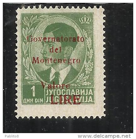 MONTENEGRO 1942 GOVERNATORATO RED OVERPRINTED SOPRASTAMPA ROSSA LIRE 1 D MNH - Montenegro