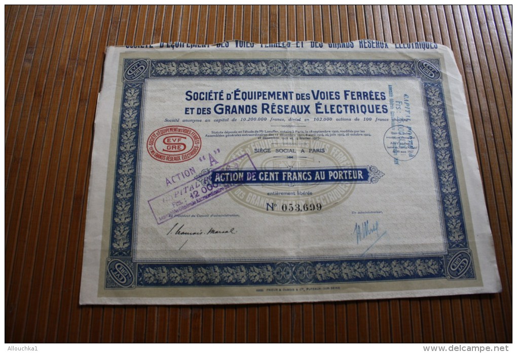 1924 Société équipement Des Voies Ferrées Et Grand Réseau électriques Action 100 Fr.TITRE - Ferrocarril & Tranvías