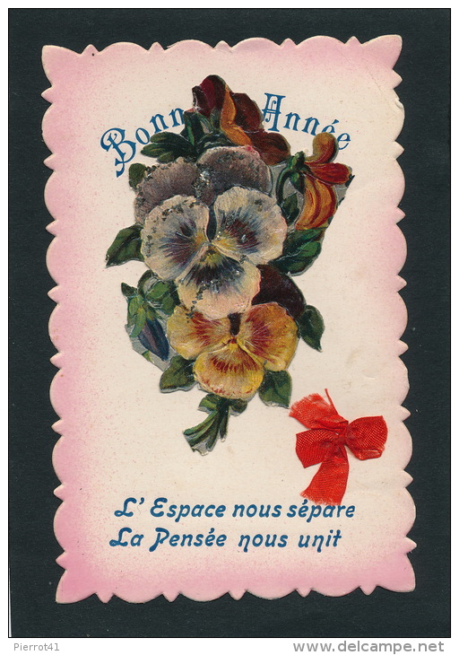 FLEURS - Jolie Carte Fantaisie De "Bonne Année" Avec Ajoutis Fleurs Pensées Et Ruban - New Year