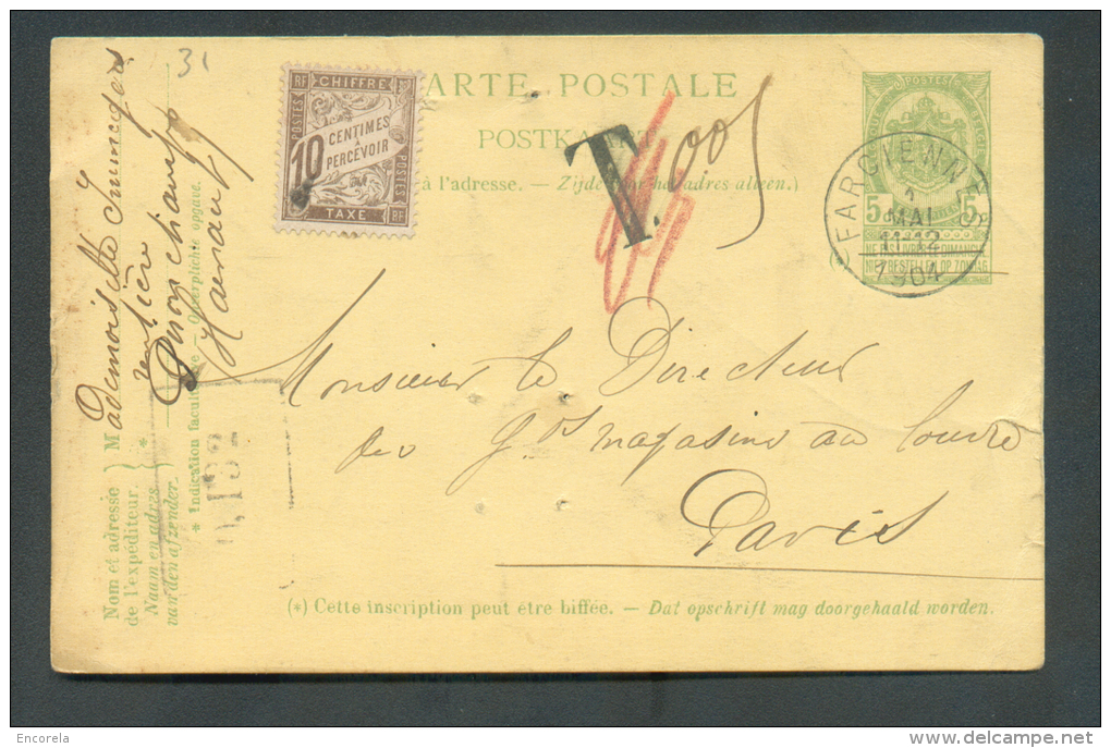 E.P. Carte 5 Centimes Vert Obl. Sc FARCIENNES Du 1 Mai 1904 Vers Paris + Griffe "T" (biffée) + Manuscrit "0,05" + Timbre - Cartoline 1871-1909