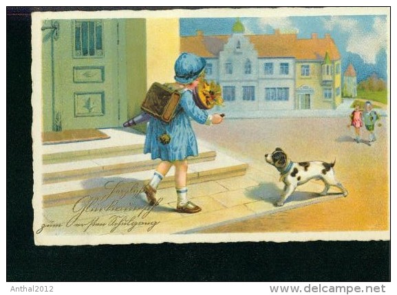 Schulanfang Mädchen Girl Fille Hund Dog Schulranzen Tornister Schule School Um 1930 - Einschulung