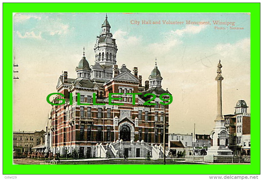 WINNIPEG, MANITOBA - CITY HALL & VOLUNTEER MONUMENT - PHOTO, NOTMAN - THE VALENTINE & SONS PUB CO - UNDIVIDED BA - Winnipeg