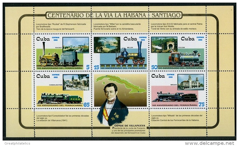 CUBA 2002 TRAIN LOCOMOTIVES M/S SC.#4262-66 MNH CV.$15.00 RAILROADS, MAPS - Ungebraucht