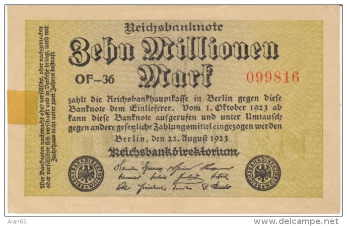 Germany #106a 10 Millionen Marks 1923 Banknote Currency - 10 Miljoen Mark