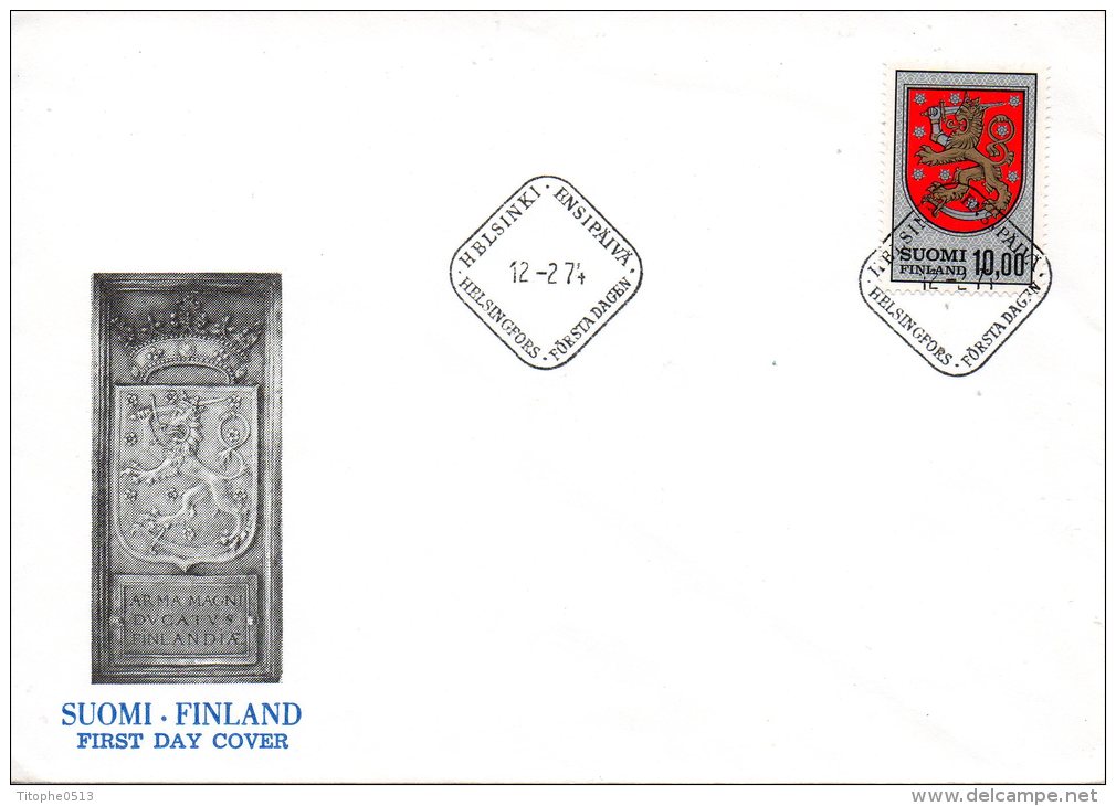 FINLANDE. N°708 Sur Enveloppe 1er Jour (FDC) De 1974. Armoiries Nationales - Enveloppes