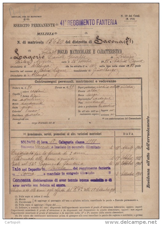 ^ CALICE LIGURE FINALBORGO ALBENGA FANTERIA SAVONA LAGORIO GUERRA ITALO TURCA FOGLIO MATRICOLARE DOCUMENTO MILITARE 18 - Documenti Storici