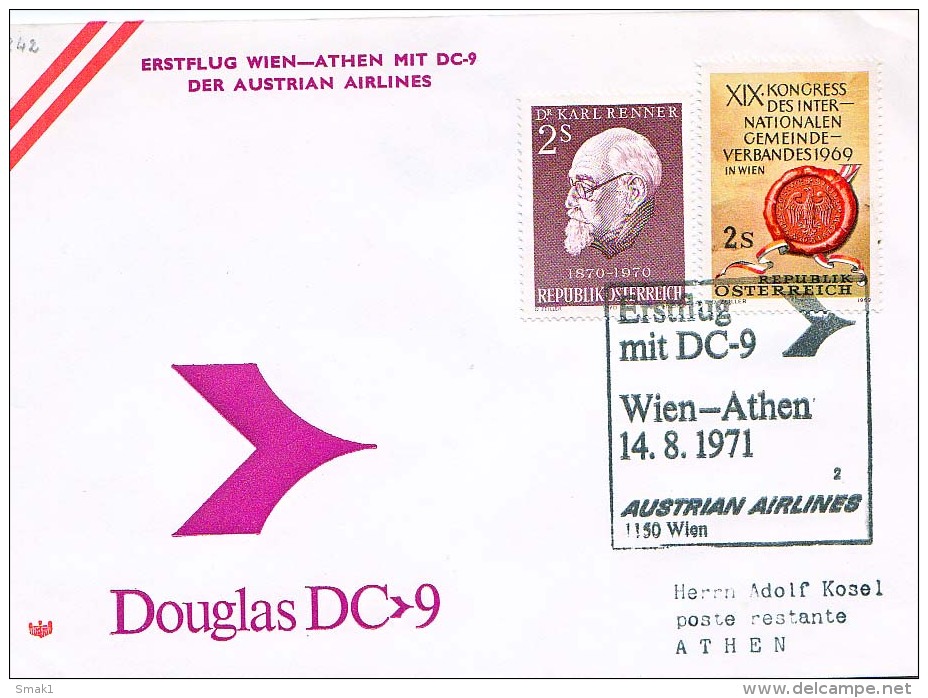 BRIEFMARKEN Umschlag Ersten Tag Flugzeuge ERSTEFLUG WIEN-ATHEN   DOUGLAS DC-9 AUSTRIAN AIRLINES 14.08.1971. - Airplanes