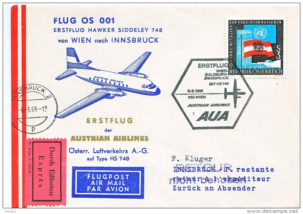 BRIEFMARKEN Umschlag Ersten Tag Flugzeuge FLUG OS 001 ERSTEFLUG HAWKER SIDDELEY 748 AUSTRIAN AIRLINES 08.08.1966. - Airplanes