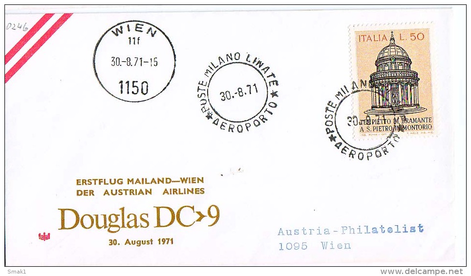 BRIEFMARKEN Umschlag Ersten Tag Flugzeuge ERSTEFLUG MAILAND-WIEN  DOUGLAS DC-9 AUSTRIAN AIRLINES 30.08.1971. - Airplanes