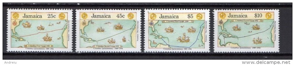 1990 Jamaica  - Discovery Of America 4v., Christopher Columbus Voyages, Ships, Explorers,  MNH - American Indians