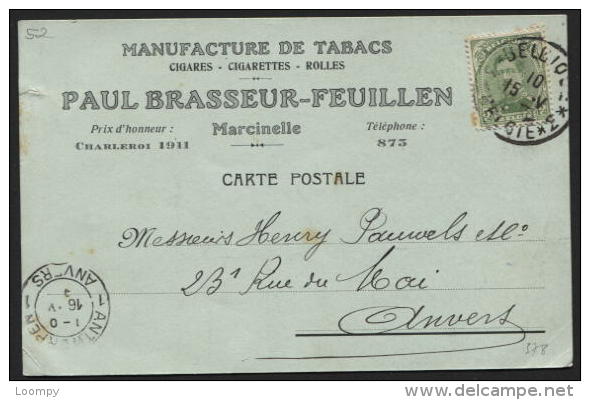 Obl. Fortune BELGIQUE *3* BELGIE S/carte Postale De Marcinelle 15/5/19 + Tabacs Cigares  Cigarettes Paul Brasseur (378) - Tobacco