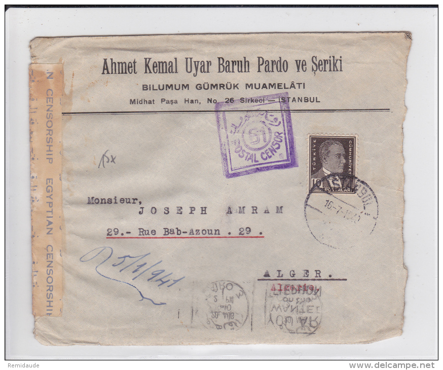 TURQUIE - 1940 - ENVELOPPE De ISTANBUL Pour ALGER Avec CENSURE EGYPTIENNE - Covers & Documents