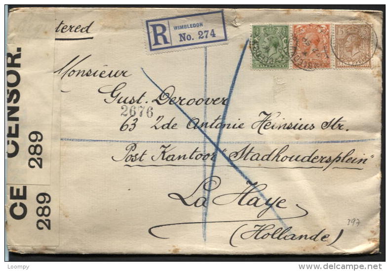 WW1 - ½p+2p+5p Canc. WIMBLEDON On Registered Cover To Netherlands La Haye 22/9/1915 + British Censor (397) - Ohne Zuordnung