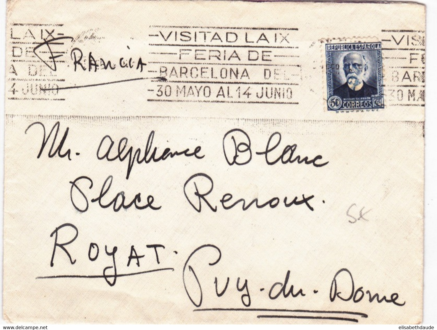 ESPAGNE - 1936 - ENVELOPPE De BARCELONA (MECA "9° FERIA") Pour ROYAT - Storia Postale