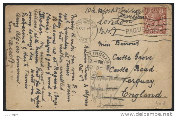 1½p SEA MAIL Canc. LONDON/PAQUEBOT On Postcard Dated Tunis 14/10/1927 (408) BOAT MAIL - Unclassified