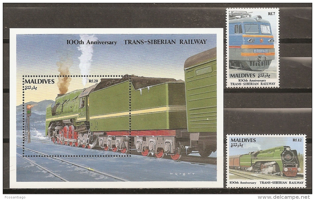 TRENES - MALDIVAS 1991 - Yvert #1414/15+H208 ** - Precio Cat. €17.50 - Treni