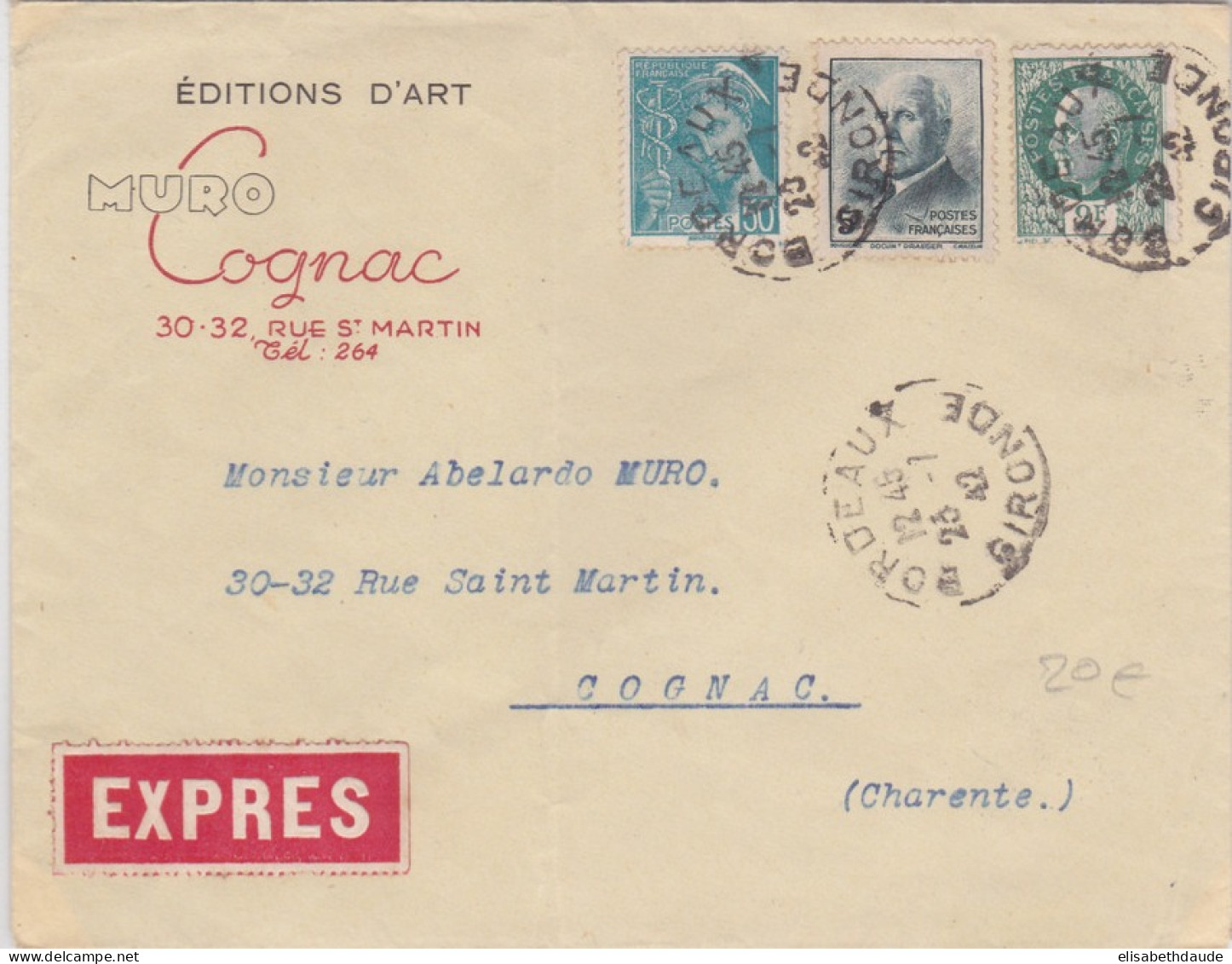 1942 - ENVELOPPE EXPRES De BORDEAUX Pour COGNAC - MERCURE + PETAIN - 1941-42 Pétain