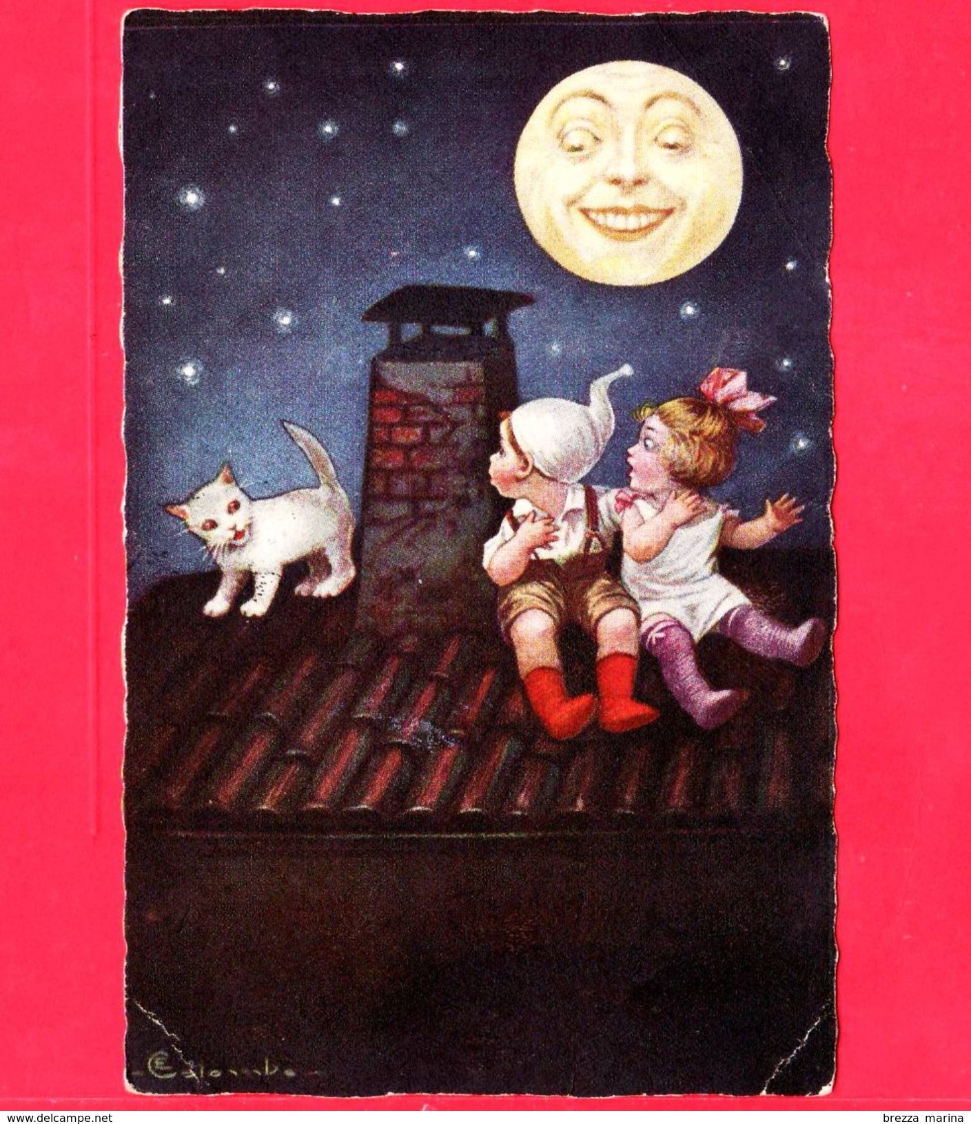 ITALIA - Cartolina Viaggiata  X Albissola - Affrancata - Illustrata Da  E. Colombo - Bambini Sul Tetto - Gatto - Luna - Colombo, E.