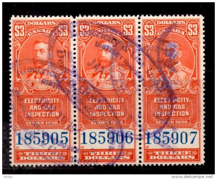 Canada 1930 $3 Light And Gas Inspection Issue #feg6  Strip Of 3 - Fiscale Zegels